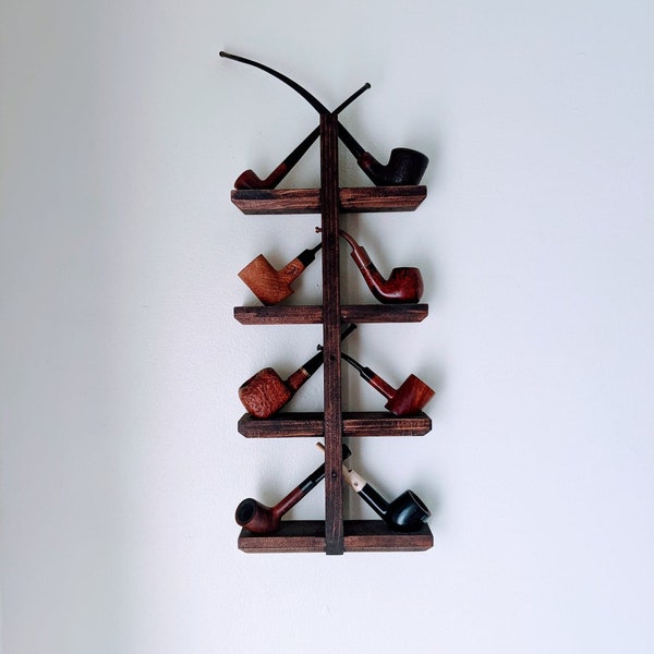 Wall-Mounted Tobacco Pipe Stand, Handcrafted in the U.S.A, Rustic Dark Walnut Finish, Display up to 10 Pipes, Modern Pipe Rack, Pipe Stand