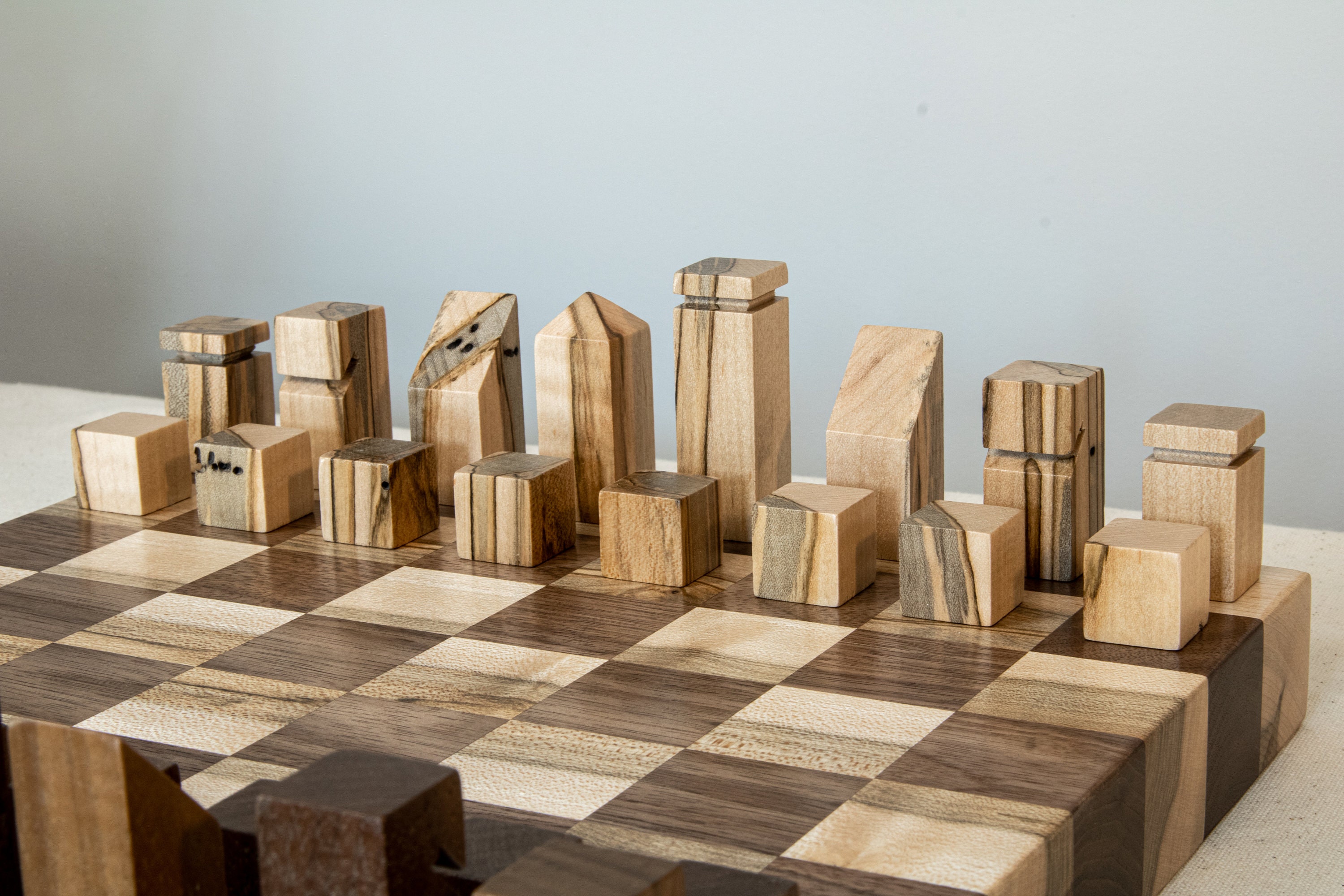 Unique Chess Set With Pieces Ambrosia Maple and Dark Walnut 