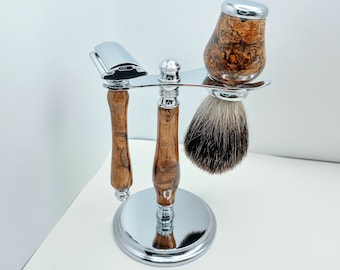 Maple Burl Razor & Brush Set (10 Blades Included) | Men's Shaving Kit | Hand Turned | Shaving Kit with Stand | Deluxe Wood Razor Kit for Men
