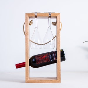 Modern Wine Bottle Caddy | Wine Bottle Carrier in White Oak | Picnic Wine Rack | Wine and Glass Holder | Date Night Wine Tray