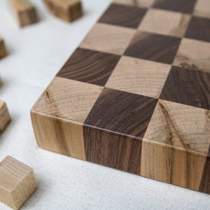 End Grain Chess Set, 12x12x1.25 in Walnut and Ambrosia Maple, Pieces Included, Modern Wood Chess Set, Extra Thick Chess Board image 10