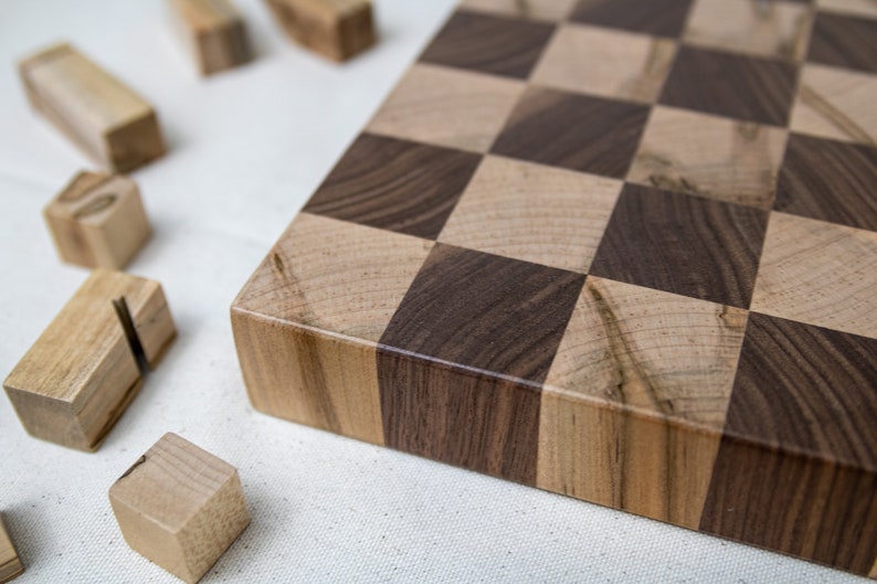 End Grain Chess Set, 12x12x1.25 in Walnut and Ambrosia Maple, Pieces Included, Modern Wood Chess Set, Extra Thick Chess Board image 10