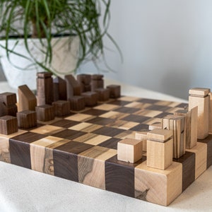 Unique Chess Set With Pieces Ambrosia Maple and Dark Walnut 