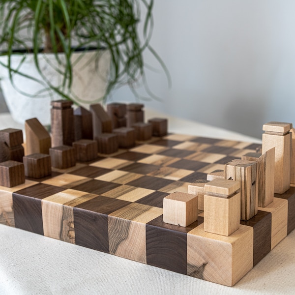 Modern Chess Set in Ambrosia Maple & Walnut (pieces included) Extra Thick Board