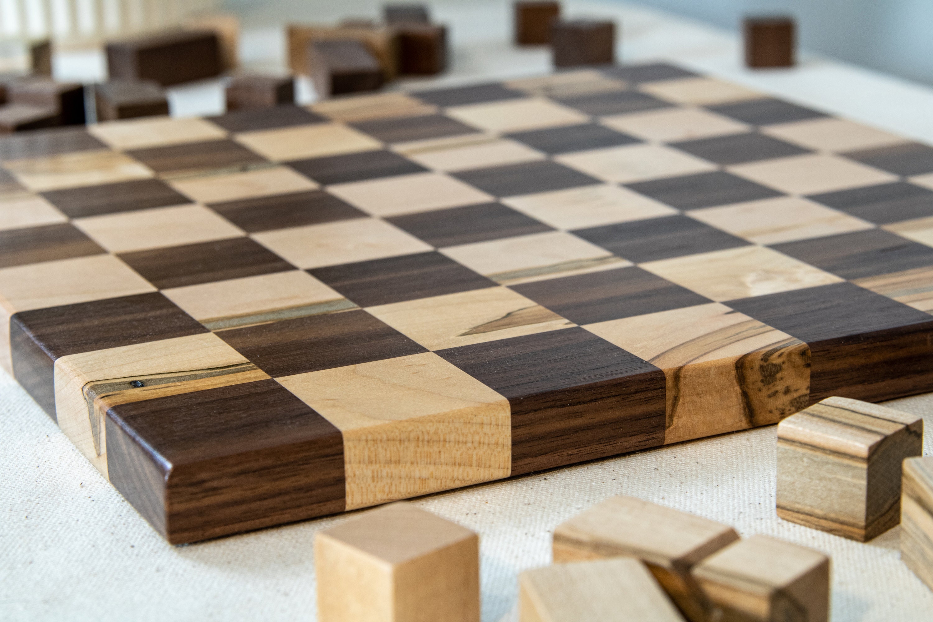 Unique Chess Set With Pieces Ambrosia Maple and Dark Walnut 