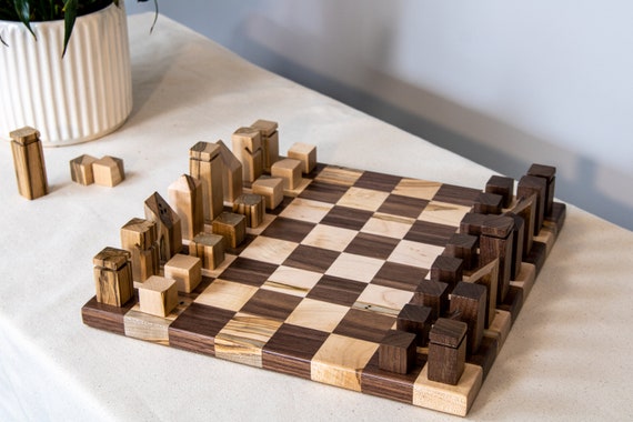 Unique Chess Set With Pieces Ambrosia Maple and Dark Walnut 