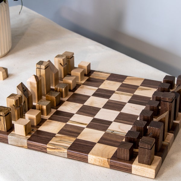 Unique Chess Set with Pieces | Ambrosia Maple and Dark Walnut Chess Set | Highly Figured Wood Grain | Modern Style Pieces | Made in the USA