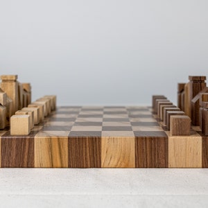 End Grain Chess Set, 12x12x1.25 in Walnut and Ambrosia Maple, Pieces Included, Modern Wood Chess Set, Extra Thick Chess Board image 7