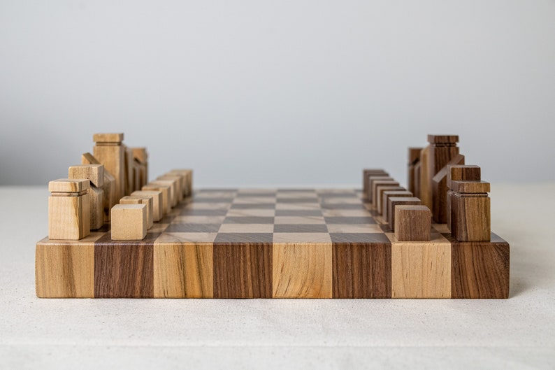 End Grain Chess Set, 12x12x1.25 in Walnut and Ambrosia Maple, Pieces Included, Modern Wood Chess Set, Extra Thick Chess Board image 7