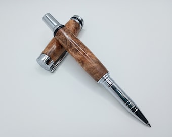 Maple Burl Ceramic Rollerball Pen | Chrome Hardware | Schmidt Ceramic Refills | Semigloss Finish | Deluxe Hand Turned Pen| Figured Wood