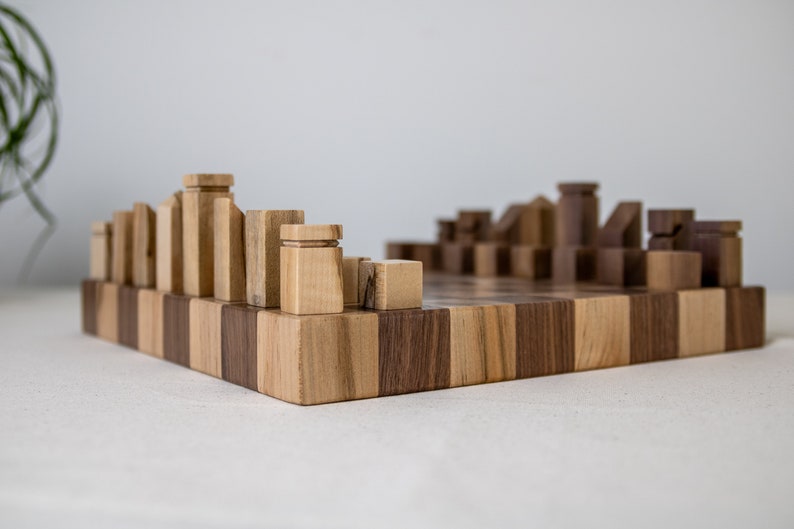 End Grain Chess Set, 12x12x1.25 in Walnut and Ambrosia Maple, Pieces Included, Modern Wood Chess Set, Extra Thick Chess Board image 3