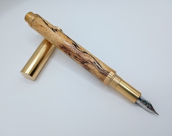 Spalted Tamarind Fountain Pen | C3604 Brushed Brass Hardware, | Semigloss Finish | Deluxe Hand Turned Pen | Refillable | Exotic Wood Pens