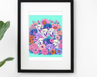 Cute dog Illustration, dog Pile Print, dog Poster, Printable Wall Art Animal Art Print, Garden dog Print, Flowers dog Poster, dog mom gift