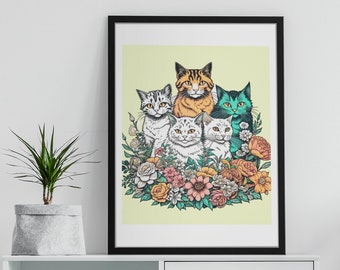 Cute Cats Illustration, Cat Pile Print, Cat Poster, Printable Wall Art Animal Art Print, Garden Cat Print, Flowers Cat Poster, colorful cats