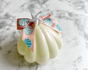 boho mermaid style baby shower decoration seashell pink and tail color with chocolates, custom and personalized option label, ocean coastal