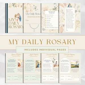 Könnte beinhalten: Ein beiges und marineblaues "My Daily Rosary" Buch mit floralen Akzenten und Illustrationen. Das Buch enthält einzelne Seiten mit Gebeten und religiösen Bildern. Das Cover zeigt den Titel und ein Bild von Maria.