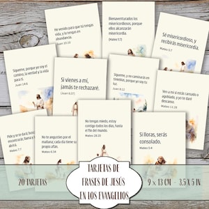 May include: A set of 20 cards with quotes from Jesus in Spanish, each with a watercolor illustration. The cards are 9 x 13 cm in size and feature Bible verses. The cards have a white background with black text.