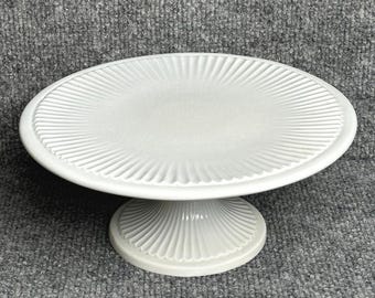 Vintage cake plate Italy white ribbed ceramic 9x3.75 pedestal riser minimalist
