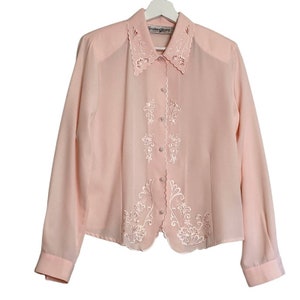 Vintage Christine Gerard pink secretary blouse embroidered cutouts ballet pink 8