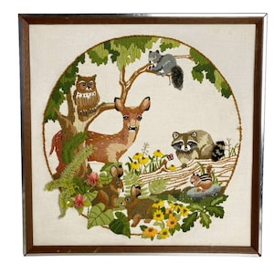 Vintage crewel woodland scene Sunset Design 1979 deer rabbit owl raccoon 17x17