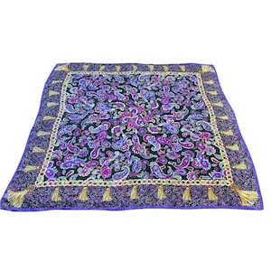 Vintage Laura Geraldi silk scarf 30x30 paisley chains tassels hand rolled purple