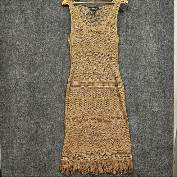 Lauren Ralph Lauren Crochet Linen Beach Cover up Dress LARGE Fringe Tan Gold  - Etsy