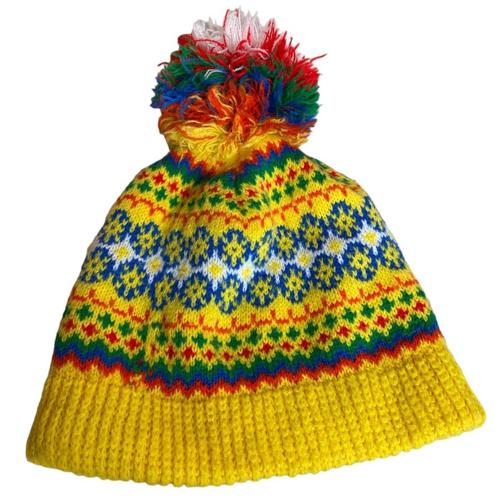 Vintage Knit Bobble Hat Pompom Yellow Multi Ski Beanie  display picture 2