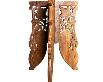 Vintage carved wood plant stand 3 leg 14” peacock folding hinged teak boho