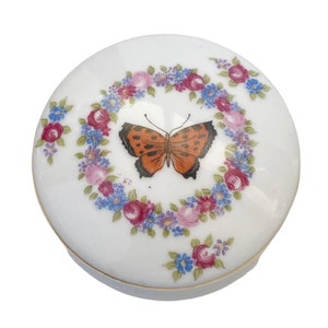 Vintage Lefton butterfly trinket box jewelry box hand painted floral 3”x1.75”