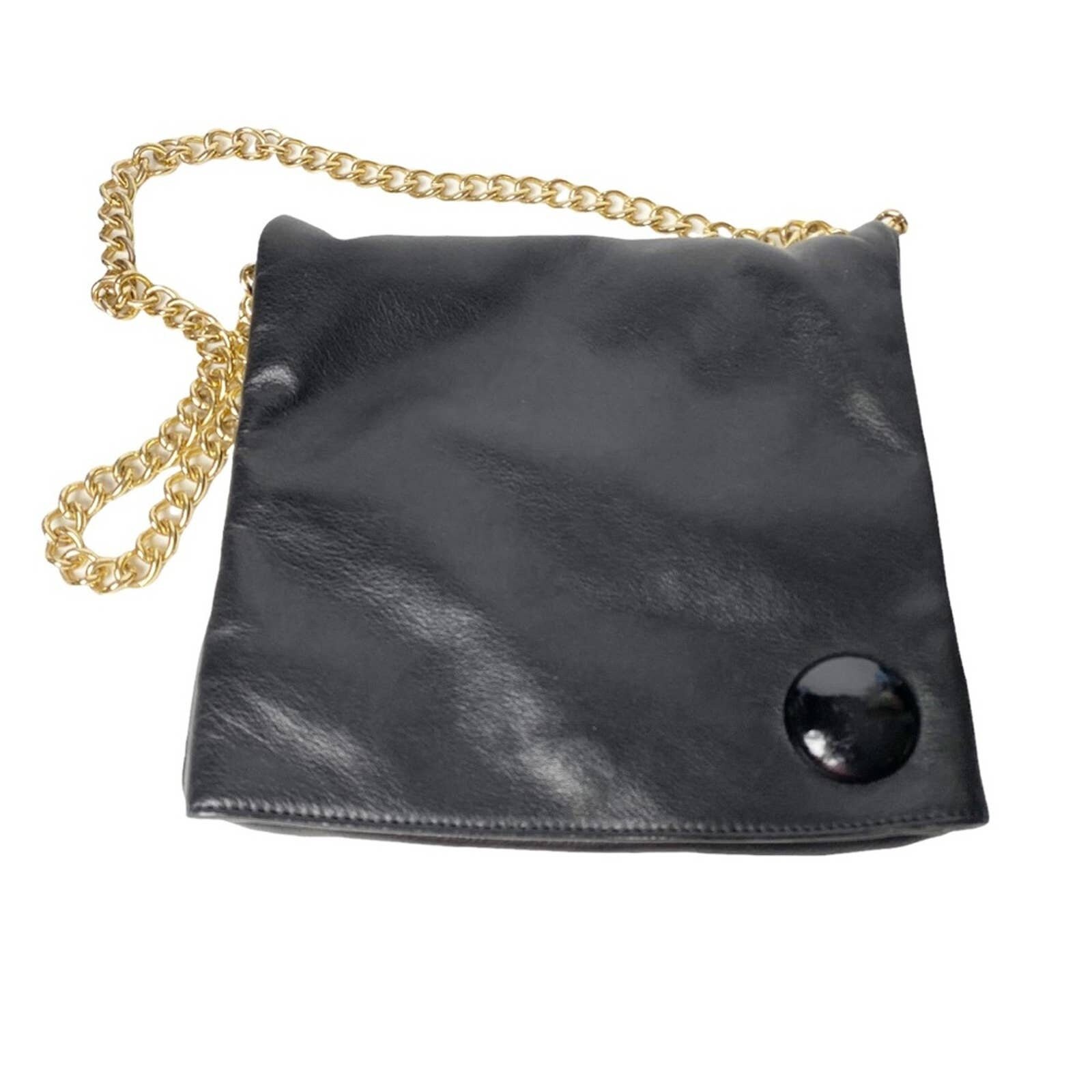 Vintage Perlina Black Leather Fold Over Shoulder Bag Gold Chain Strap Coin Purse Mirror