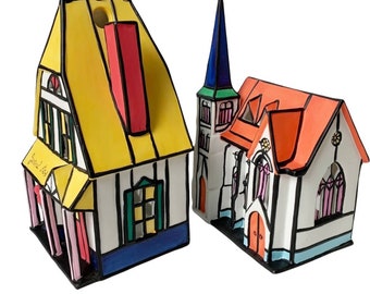 Vintage porcelain General Store and Church votive holders MCM stained glass look