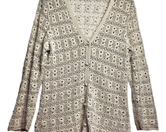 Vintage 70s crochet cardigan sweater Y2K grandmacore khaki tan size L open knit