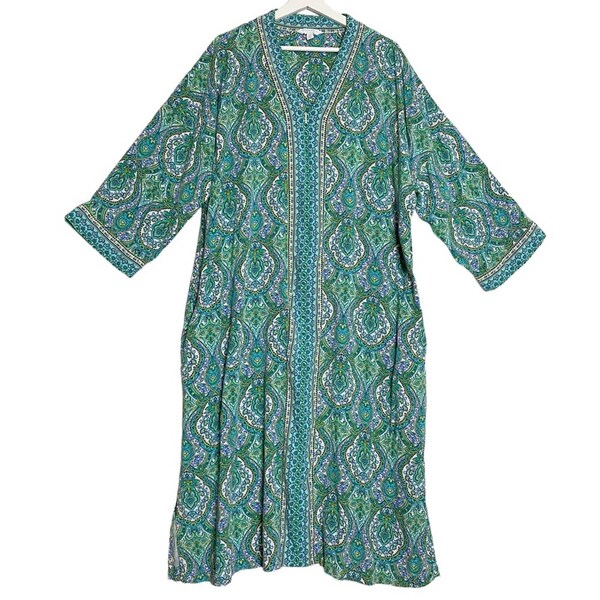 Vintage Charter Club caftan patio dress paisley zip front vneck house coat XXXL