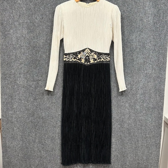 Vintage Nuit XS Formal Maxi Cocktail Dress Plisse Pleats Sequin Belt Long  Sleeve