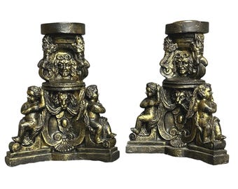 Vintage Jaimy baroque candle holders lion cherubs bronzed resin heavy sculptured