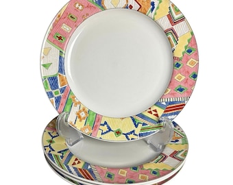 Vintage Studio Nova Patchwork Y2222 11” dinner plates set of 4 Memphis 80s quilt