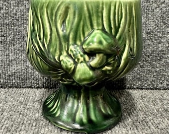 Vintage mushroom toadstool pottery planter pedestal forest green woodland decor