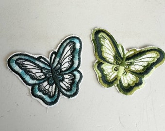 Vintage embroidered butterfly patches set of 2 green and blue 3”