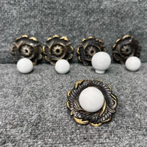 Vintage white ceramic drawer pulls set of 5 antique bronze ornate backplates
