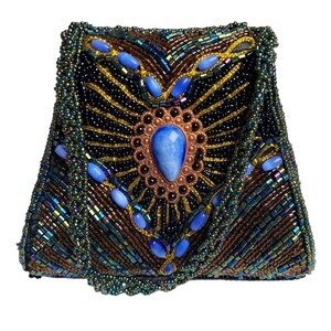 Vintage Jessica McClintock beaded evening bag peacock clamshell *flaw*