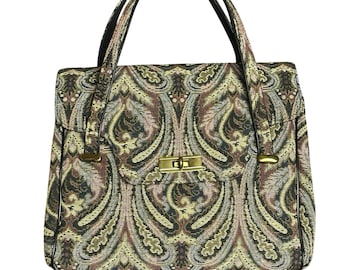 Vintage Kadin footed tapestry bag top handle gold turn lock grannycore paisley