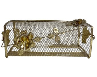 Vintage metal mesh tissue box holder Hollywood Regency gold tone flowers 10x5x4