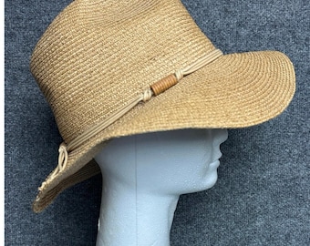 Vintage Liz Claiborne Italy wide brim straw hat M wood bead strap boho festival
