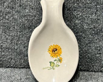 Vintage Frankoma spoon rest 7” sunflower design heavy chunky pottery