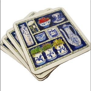 Vintage Godinger Chinoiserie set of drink coasters cork backing original box 4”