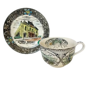 RARE VTG American west transferware tea cup saucer Colorado Opera House Hwy 6