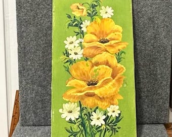 Vintage original oil painting shabby floral yellow gold green v 12x24 boho 70s