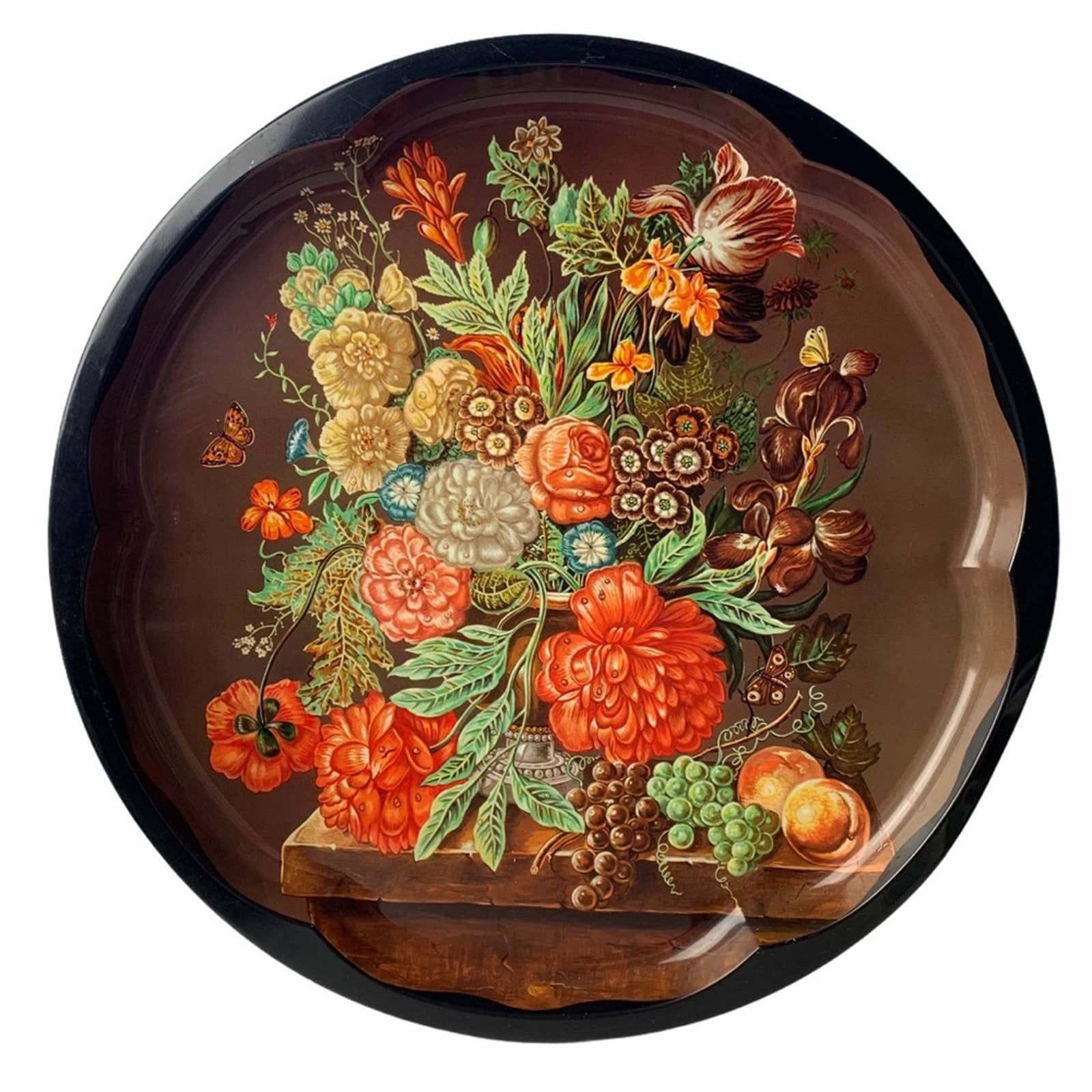 VTG Daher England boho floral tin round tray 16\u201d brown red orange green metal VTG Daher England boho floral tin round tray 16\u201d brown red orange green metal