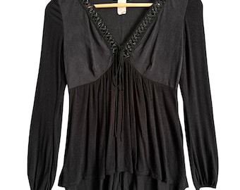 Vintage Y2K babydoll top SM long sleeve boho western black suede tie front moto