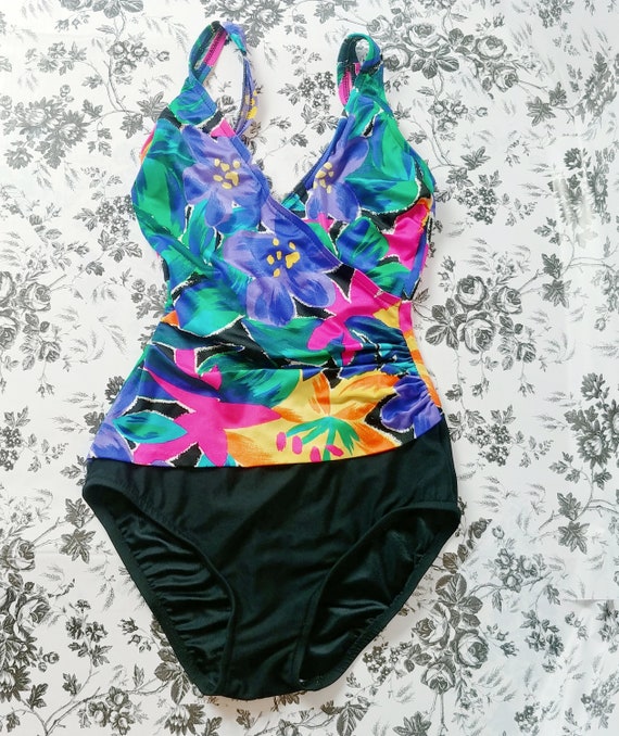 ruched tropical print black one piece swimwear